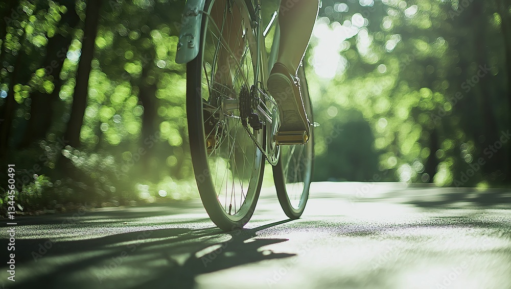 Naklejka premium Bicycle on a winding road in a park, with the focus on the wheel and the rider's legs during a summer day.