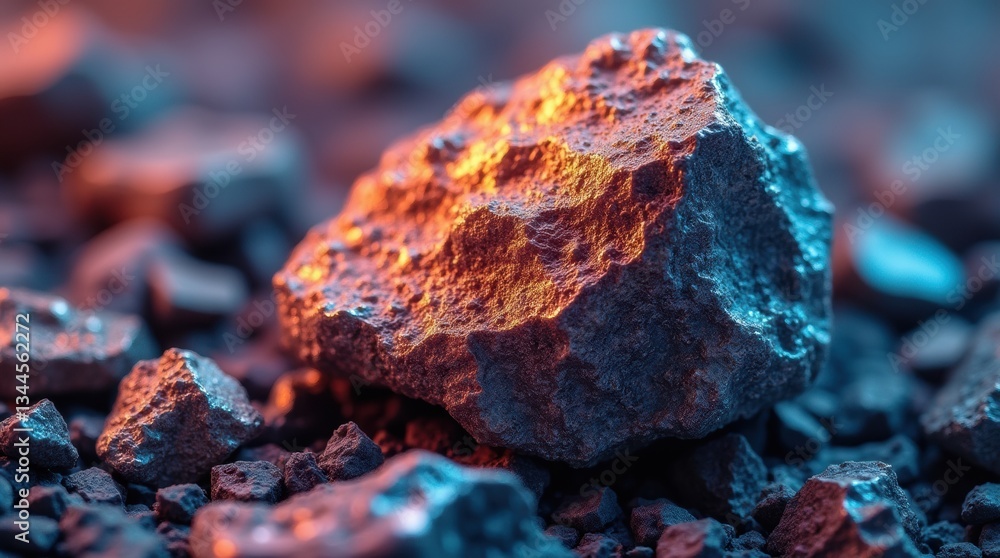 A macro shot of raw shiny minerals with metallic textures and vibrant hues, highlighting the precious rarity and crucial role of rare earth elements A macro shot of raw shiny minerals with metallic textures and vibrant hues, highlighting the precious rarity and crucial role of rare earth elements