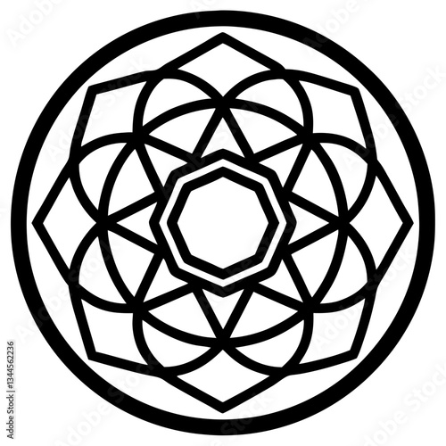 intricate geometric pattern in a circular design, forming a visually striking symmetrical artwork. The pattern has multiple layers of intersecting lines and shapes vector illustration