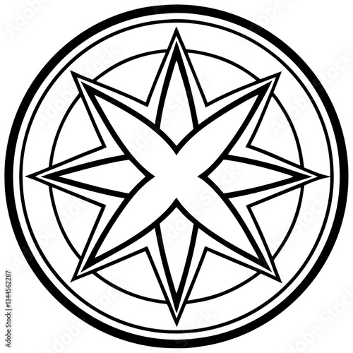a black and white geometric star design enclosed within a circle, embodying a sense of direction and guidance. The design is intricate and visually striking vector illustration