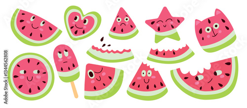 Cute cartoon watermelon set with funny kawaii characters. Vector illustration of sweet and healthy watermelons. Perfect for a fruity summer party.