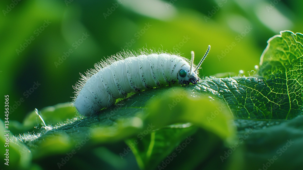Fototapeta premium White caterpillar on a bright green leaf.