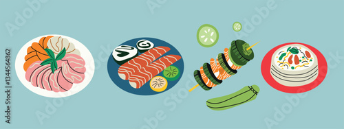 A vibrant set of tasty food illustrations, featuring a variety of delicious dishes. Perfect for menus, recipe books, food blogs, packaging, and social media.