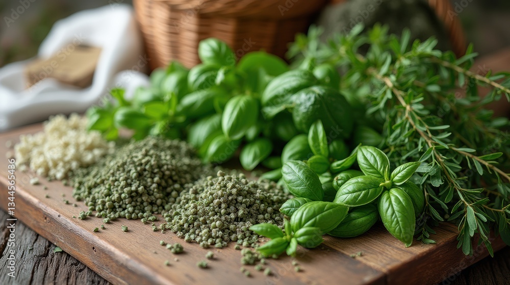 A wooden table with an assortment of freshly picked herbs laid out to dry, including chamomile, basil, and oregano, with a woven basket and linen cloth A wooden table with an assortment of freshly picked herbs laid out to dry, including chamomile, basil, and oregano, with a woven basket and linen cloth