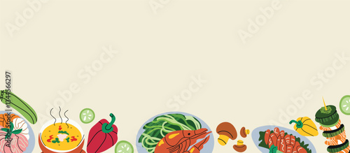 Background with a variety of traditional dishes and space for text. Food banner. Hand-drawn vector illustration. Perfect for menu design, restaurant promotions, food blogs, packaging, and recipe books