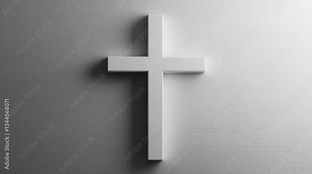 Minimalist white christian cross on light gray wall. Minimalist white christian cross on light gray wall.