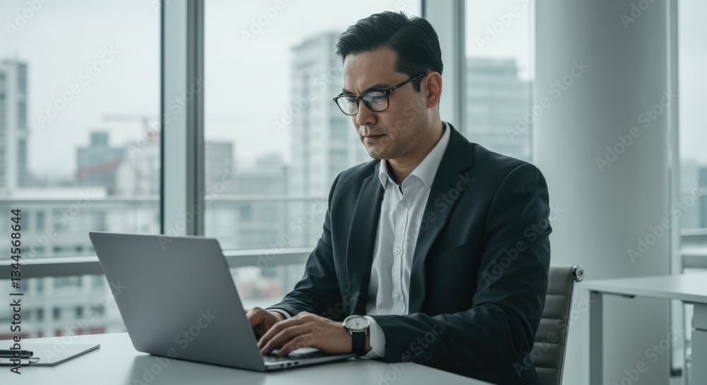 Smart office worker in a well-lit workspace typing on laptop with focus
Smart office worker in a well-lit workspace typing on laptop with focus