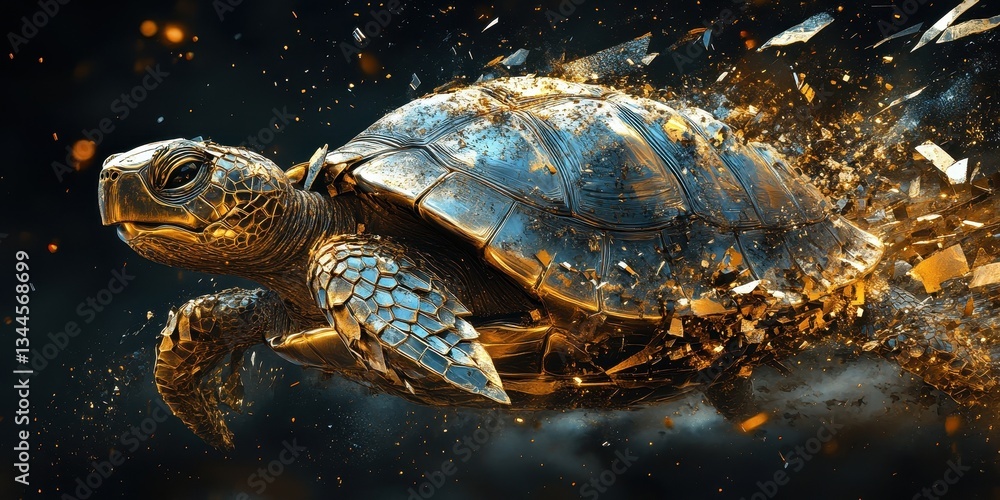 A golden armored turtle seemingly breaking apart in space A golden armored turtle seemingly breaking apart in space