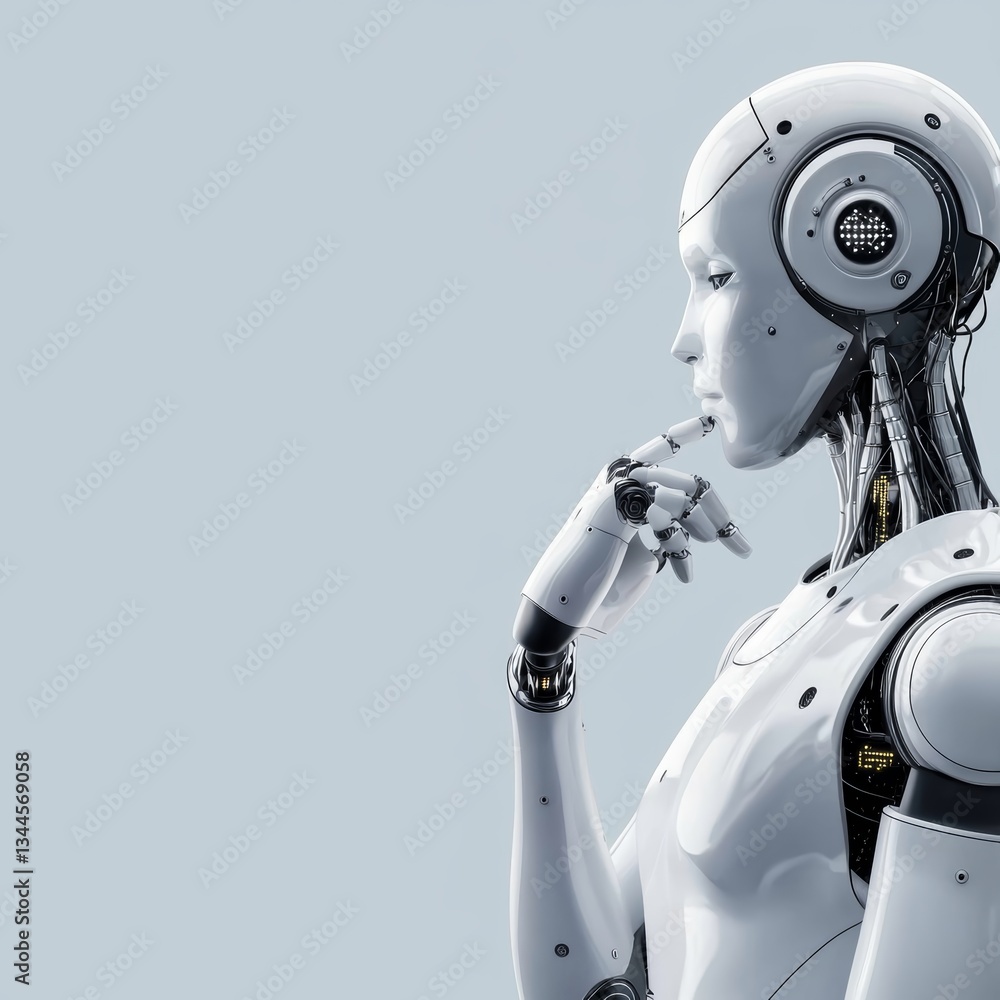 Naklejka premium A sleek, futuristic robot with a thoughtful expression, featuring a blend of metallic and synthetic elements, emphasizing advanced technology and design.