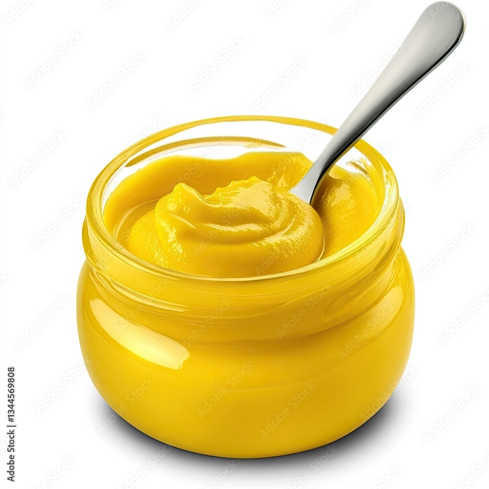 Yellow mustard in a glass jar, spoon Yellow mustard in a glass jar, spoon