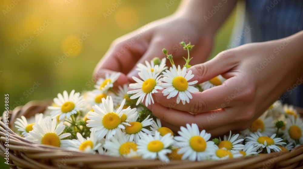 Close-up of hands picking fresh chamomile flowers for herbal tea, delicate white petals with yellow centers resting in a woven basket Close-up of hands picking fresh chamomile flowers for herbal tea, delicate white petals with yellow centers resting in a woven basket