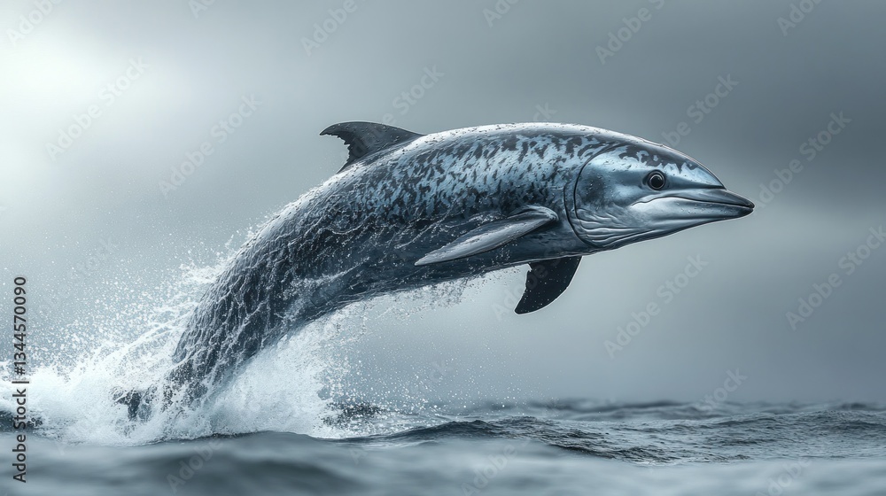 Obraz premium A leaping dolphin in a misty sea. Powerful marine mammal gracefully emerging from the ocean waves