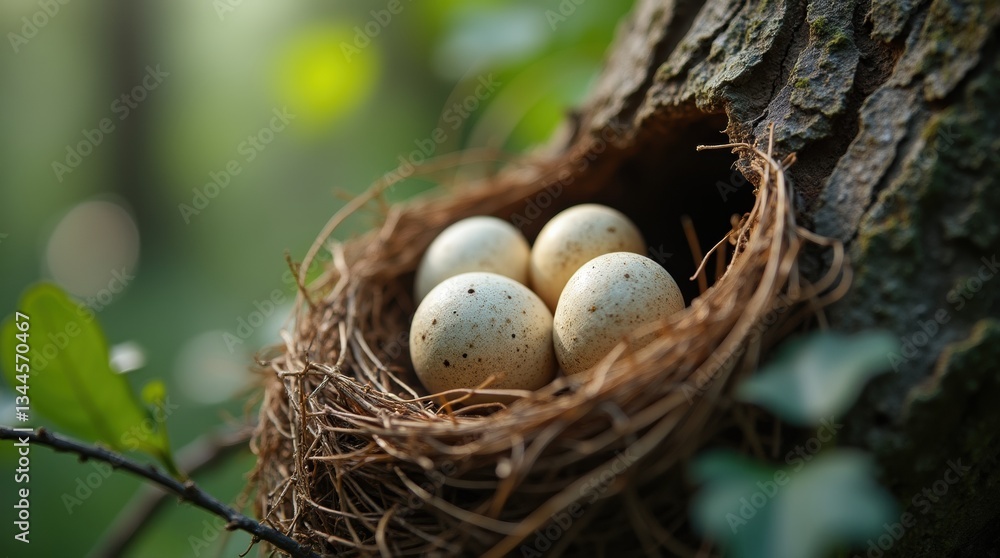 Detailed close-up of a bird’s nest with eggs in a tree, soft forest background, wildlife protection focus Detailed close-up of a bird’s nest with eggs in a tree, soft forest background, wildlife protection focus