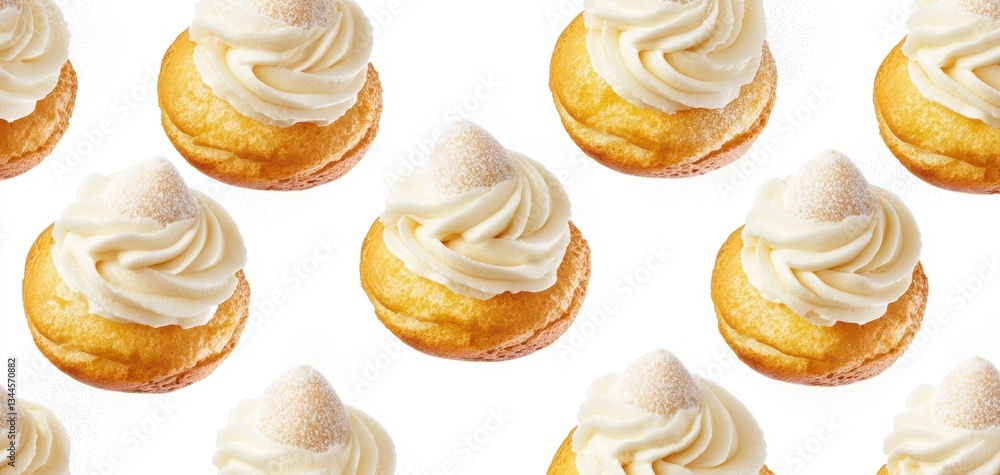 Seamless pattern of golden choux pastry, vanilla cream puffs, and delicate spun sugar details, soft and elegant high-end patisserie aesthetic Seamless pattern of golden choux pastry, vanilla cream puffs, and delicate spun sugar details, soft and elegant high-end patisserie aesthetic