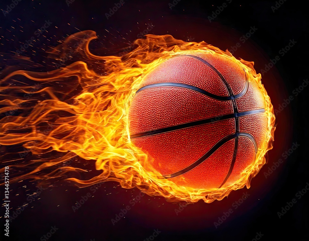 Fototapeta premium an basketball ball on fire flying through the air on a black background