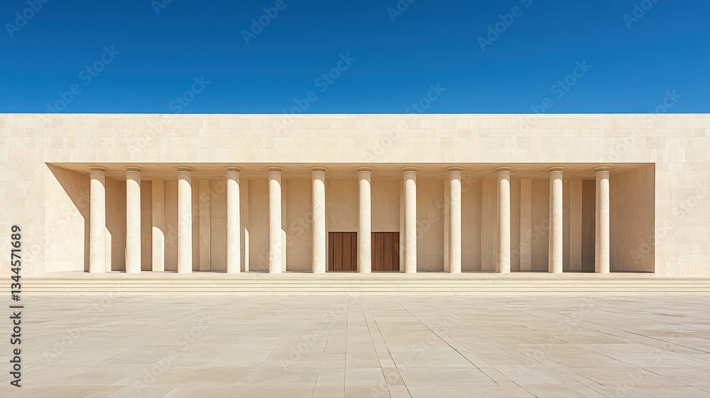 Fototapeta premium Modern Beige Stone Building with Numerous Columns Under Clear Blue Sky
