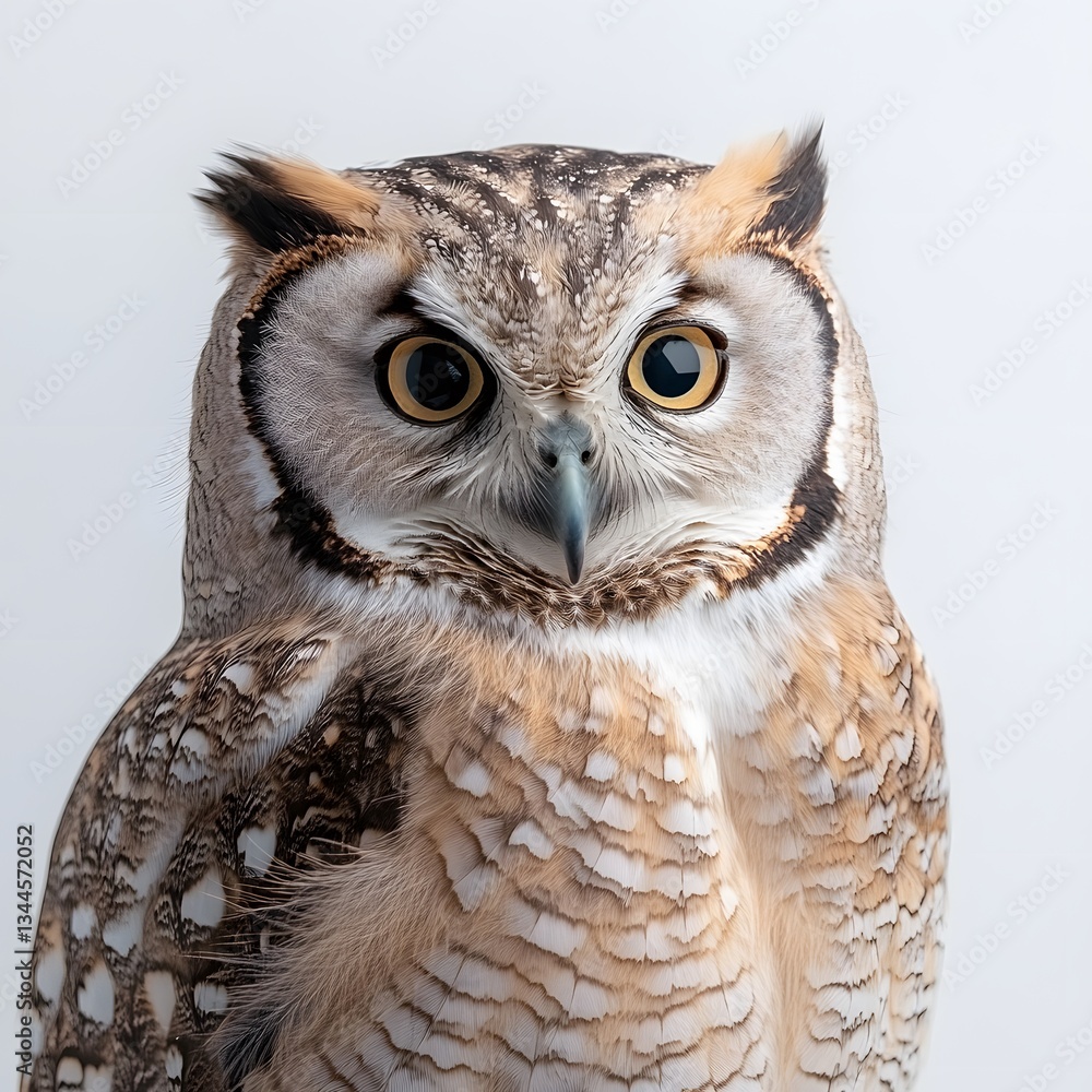 Fototapeta premium Studio owl portrait, feathered, bird, eyes, wildlife, white background, nature, animal photography