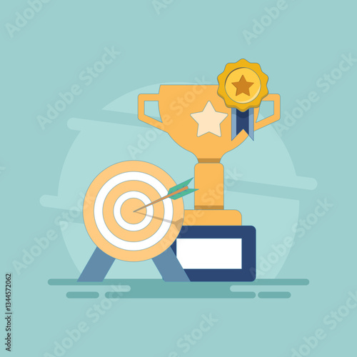 Success and victory concept. Trophy with Badge and Goal Arrow. Achievement, successful performance in business, career success, achieving goals or targets, Vector Illustration Design.