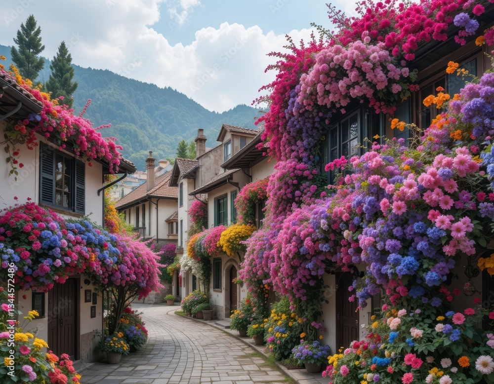 Fototapeta premium Charming floral street scene mountain village photography lush environment eye-level view serene atmosphere