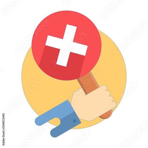 Negative Response Concept. Holding Hands Banner with Cross Sign. Plaque with hand holding cross sign. Swinging sign. Flat Illustration Design on background.