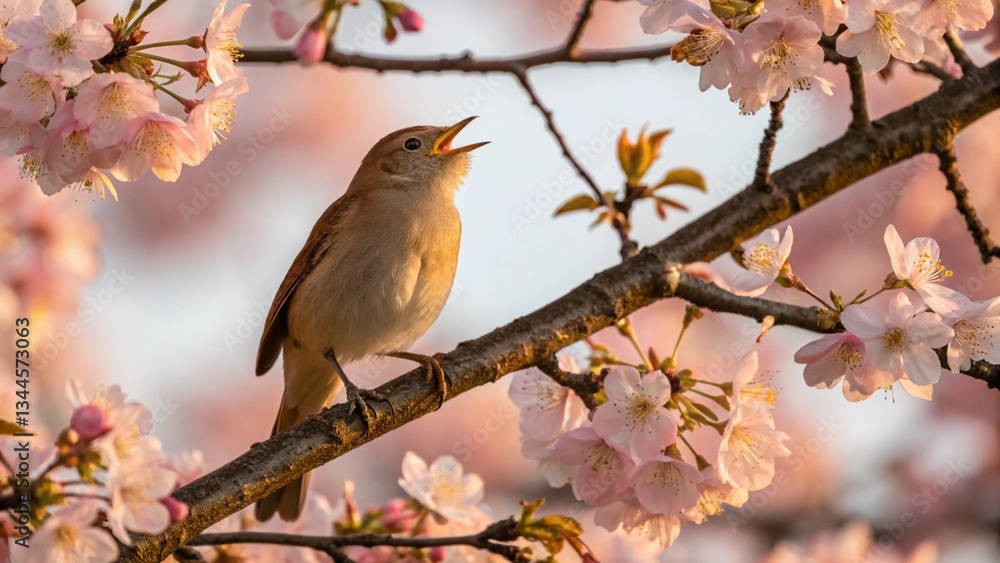 Nightingale singing on a branch among blooming cherry blossoms during twilight hours. Nightingale it sings happily, celebrating the arrival of spring.