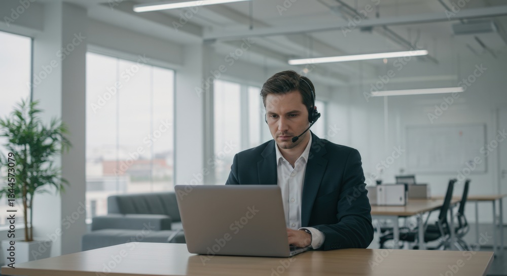 Business professional in suit using laptop while wearing headphones at workplace
Business professional in suit using laptop while wearing headphones at workplace