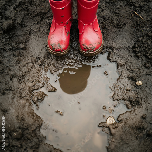 Bright Red Rain Boots Stand Firm in a Muddy Puddle, Capturing a Rainy Adventure