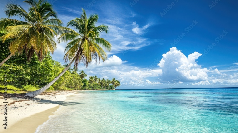 Idyllic Tropical Beach Scene with Palm Trees and Turquoise Ocean Water Idyllic Tropical Beach Scene with Palm Trees and Turquoise Ocean Water