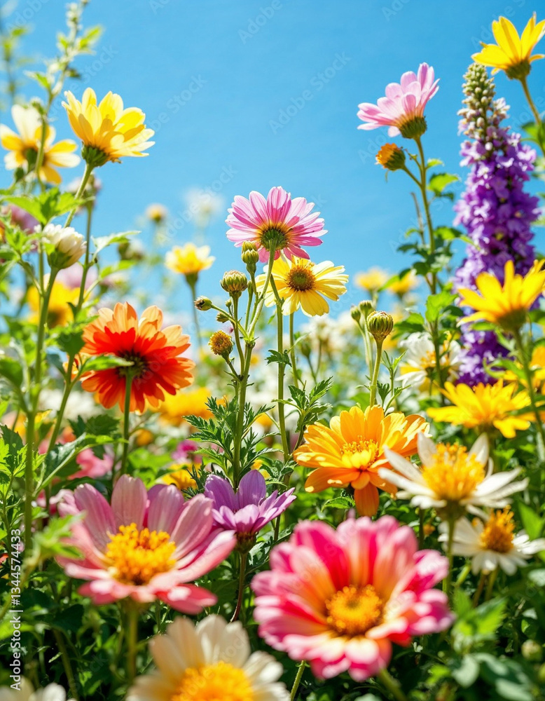 Beautiful flower garden of saturated blooms set against a bright blue sky backdrop Beautiful flower garden of saturated blooms set against a bright blue sky backdrop