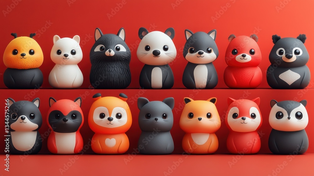 Adorable cartoon animal figurines arranged on a red shelf. Adorable cartoon animal figurines arranged on a red shelf.