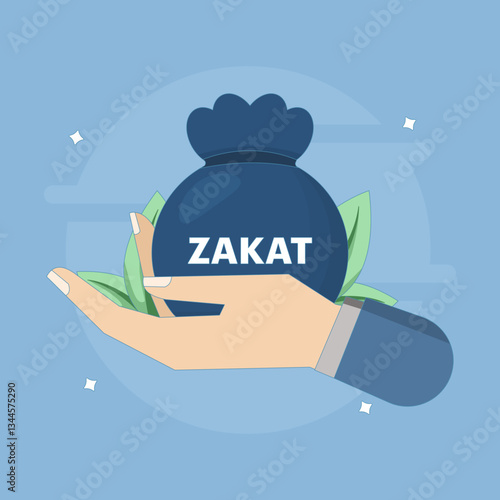concept of paying zakat, giving aid or charity. getting money. donation funds. hand holding a bag of money and coins. flat style design illustration with grain texture. element