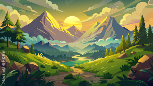 Captivating mountainous landscape with lush verdant foliage serene atmosphere and a golden sun peeking through the clouds creating a tranquil and picturesque natural