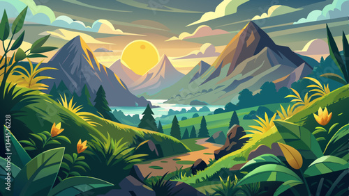 Captivating mountainous landscape with lush verdant foliage serene atmosphere and a golden sun peeking through the clouds creating a tranquil and picturesque natural