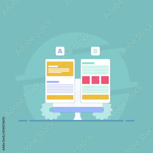 A and B testing concept. AB testing on wireframe campaigns on device screens. AB testing graphs, mobile app split testing comparison, data analysis and experiment results.