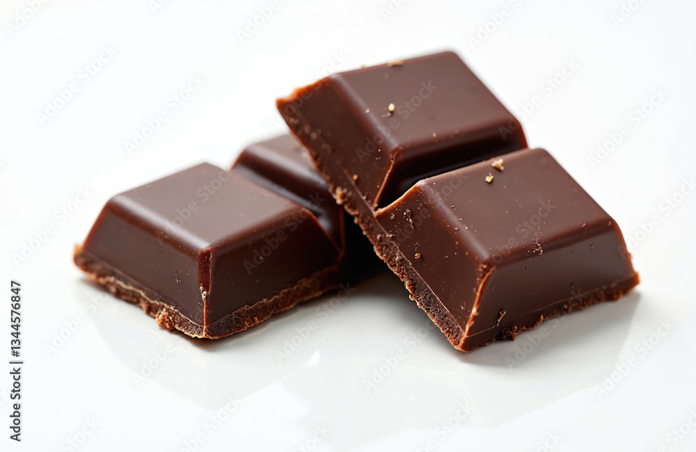 Pile of brown dark chocolate squares on white. Delicious cocoa dessert, sweet snack. Indulge tempting treat with sugar and cacao for coffee break or holiday. Pile of brown dark chocolate squares on white. Delicious cocoa dessert, sweet snack. Indulge tempting treat with sugar and cacao for coffee break or holiday.