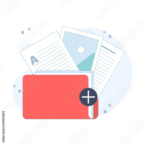 Attachment File Concept. folder with Documents. Storage, Folder, Document Storage, Data Archive. Documents in folder. Flat Design Illustration in the background.