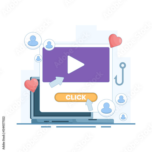 clickbait title concept. strategy to attract viewers or readers with promising titles or content. monitor with click button, video, and hook. flat style design illustration.