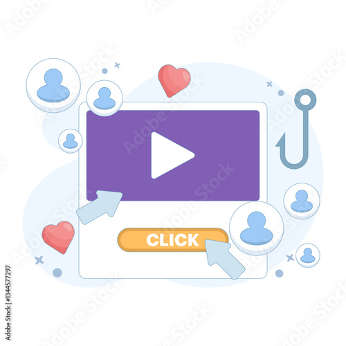 clickbait title concept. strategy to attract viewers or readers with promising titles or content. monitor with click button, video, and hook. flat style design illustration.
