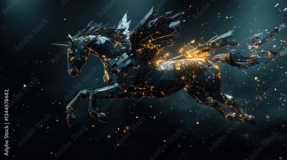A digital rendering of a metallic winged unicorn in flight A digital rendering of a metallic winged unicorn in flight
