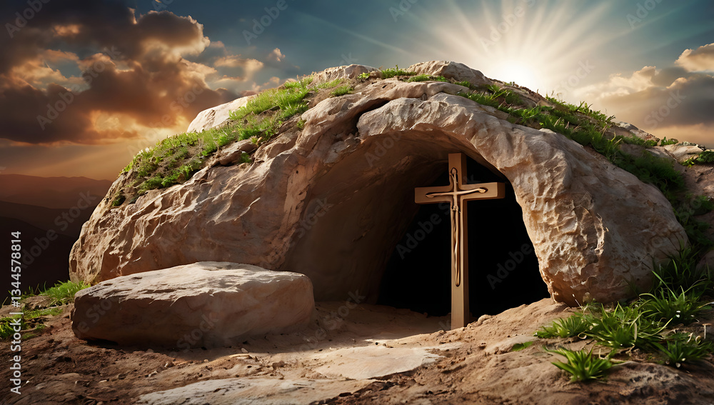 Good Friday and Easter. Empty Tomb with Cross Symbolizing Jesus Christ’s Resurrection. Powerful Good Friday Image Good Friday and Easter. Empty Tomb with Cross Symbolizing Jesus Christ’s Resurrection. Powerful Good Friday Image