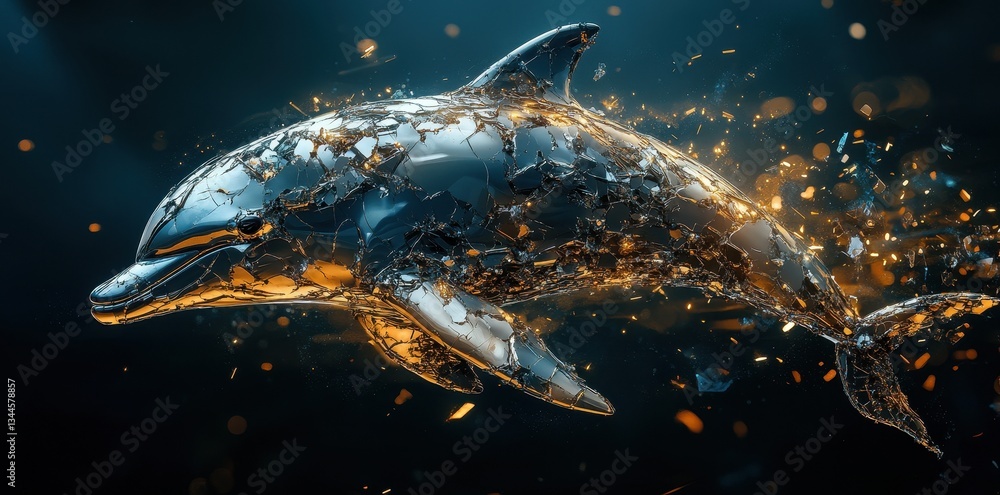 A Metallic Dolphin With Shards And Sparkling Elements In Water A Metallic Dolphin With Shards And Sparkling Elements In Water