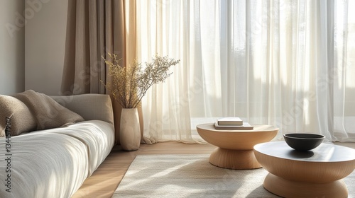 Minimalist sheer drapes with metallicthread detailing, adding subtle modern sophistication