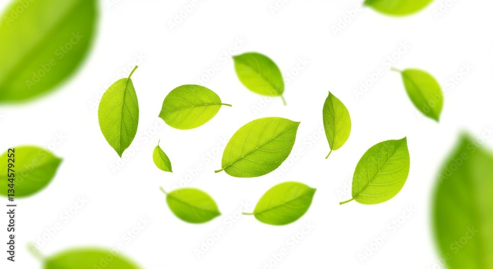 Falling Green Leaves - Bright green leaves falling on white background,nature,spring,summer,fresh Falling Green Leaves - Bright green leaves falling on white background,nature,spring,summer,fresh
