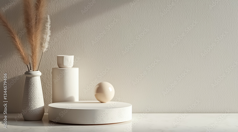 Naklejka premium minimalist product display with pampas grass and neutral-toned objects