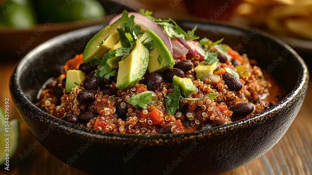 Delicious quinoa dish topped with fresh vegetables and lime. Delicious quinoa dish topped with fresh vegetables and lime.