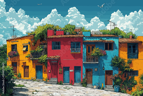 Vector illustration of a charming hillside street with colorful houses, rustic architecture, lush greenery, and a bright blue sky with fluffy clouds