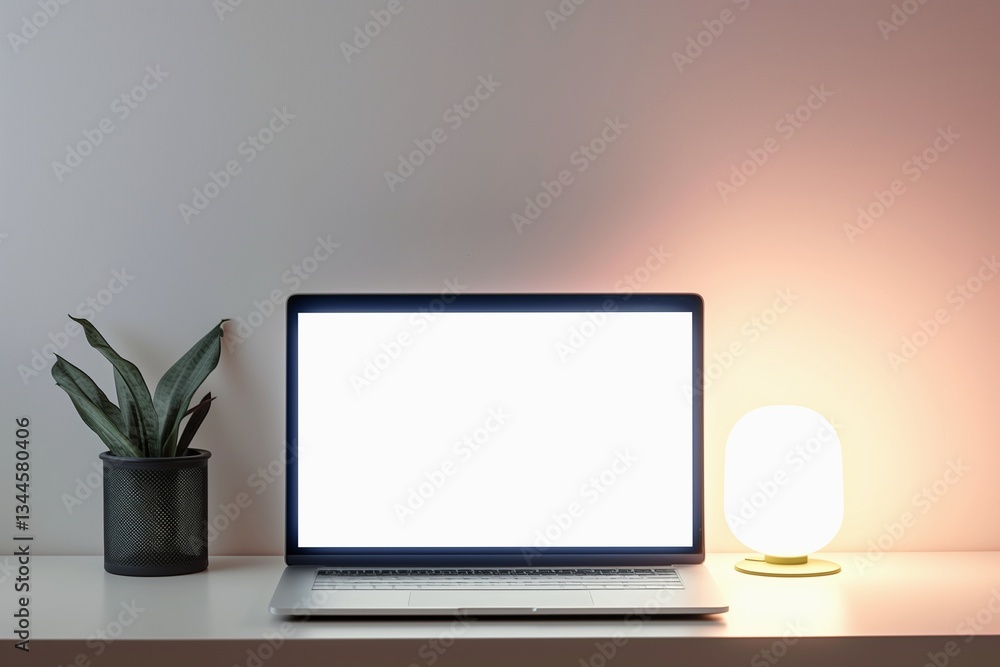Blank laptop screen on white table with soft lighting in room Blank laptop screen on white table with soft lighting in room