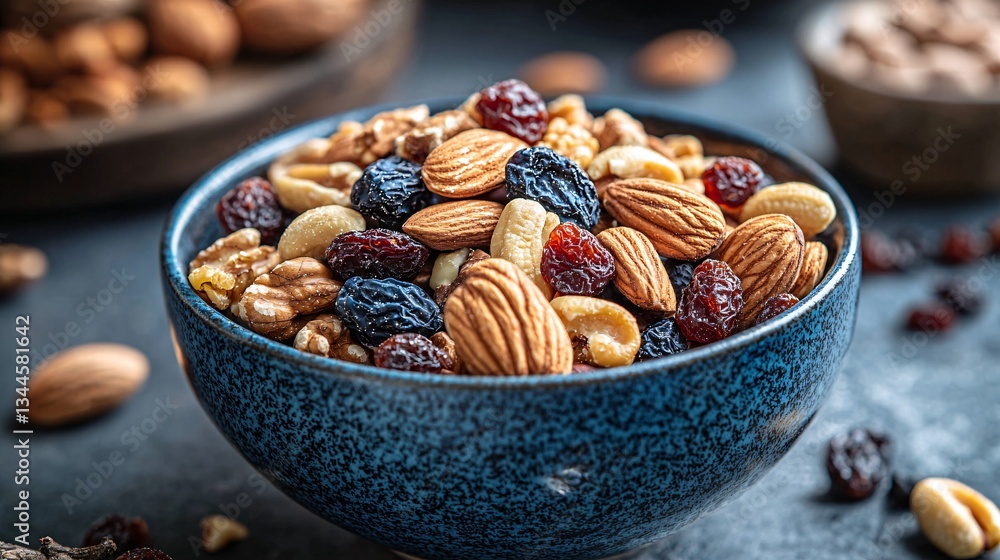 Bowl of mixed nuts and dried fruits on a textured surface. Bowl of mixed nuts and dried fruits on a textured surface.