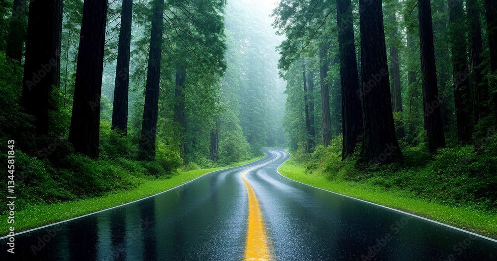 Fototapeta premium Winding Road Through a Misty Redwood Forest on a Rainy Day 