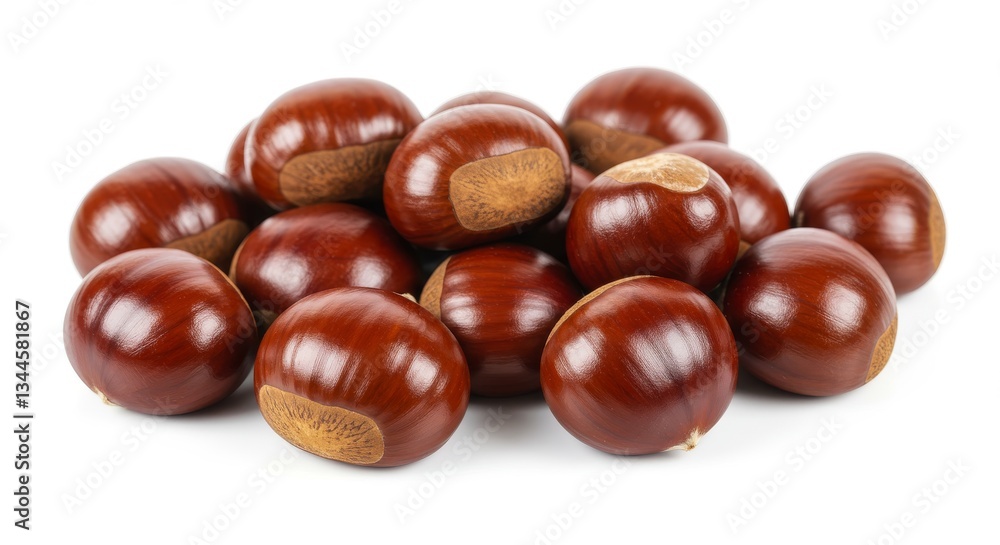 Fresh Sweet Chestnuts Pile - A pile of shiny brown chestnuts isolated on a white background. Perfect for autumnal themes, food blogs, and culinary content Fresh Sweet Chestnuts Pile - A pile of shiny brown chestnuts isolated on a white background. Perfect for autumnal themes, food blogs, and culinary content